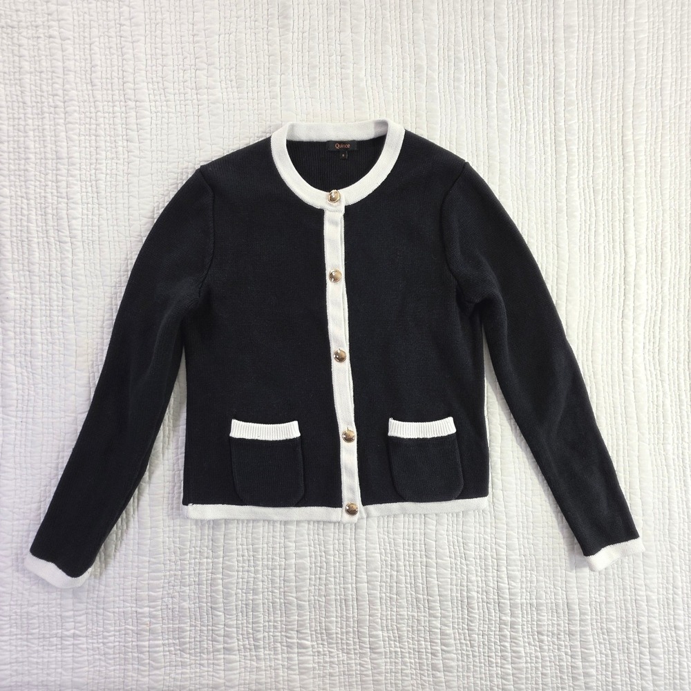 Quince 100% Organic Cotton Sweater Jacket Black Ivory Colorblock EUC Size Small